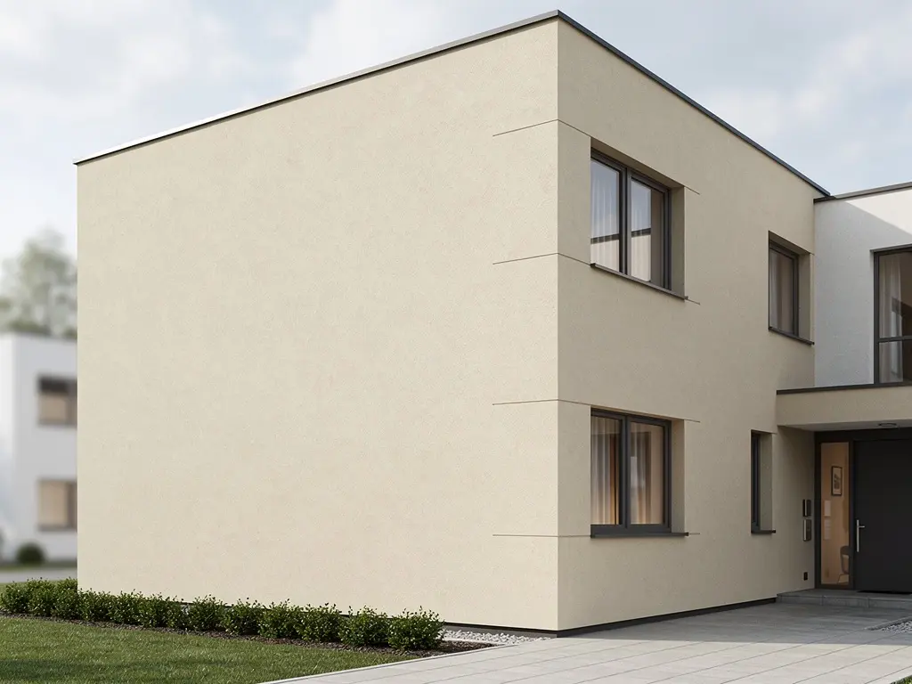 Pavillon dont les murs reçoivent un enduit clair taloché sur isolation extérieure